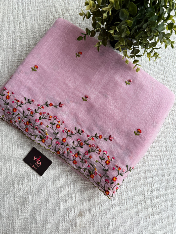 Bhoti machine emb linen cotton saree-Pink