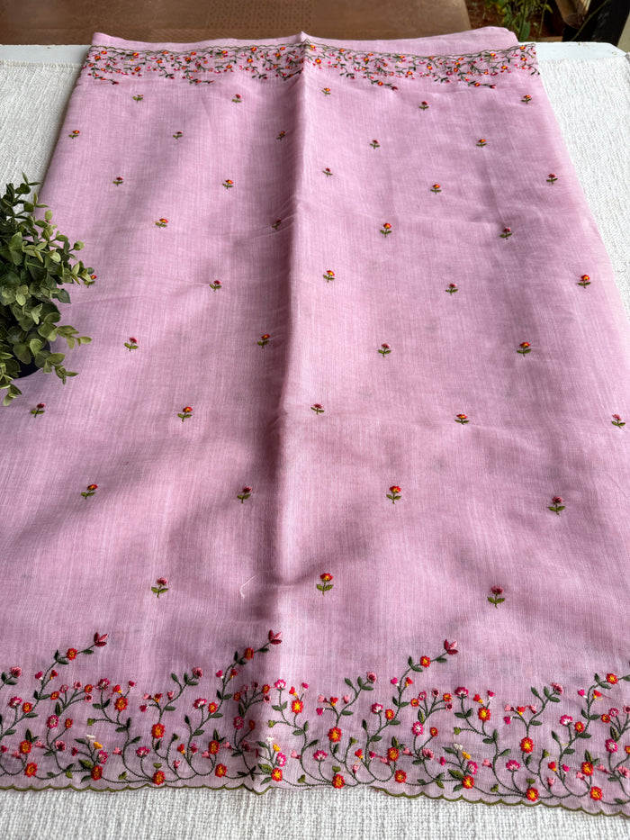 Bhoti machine emb linen cotton saree-Pink
