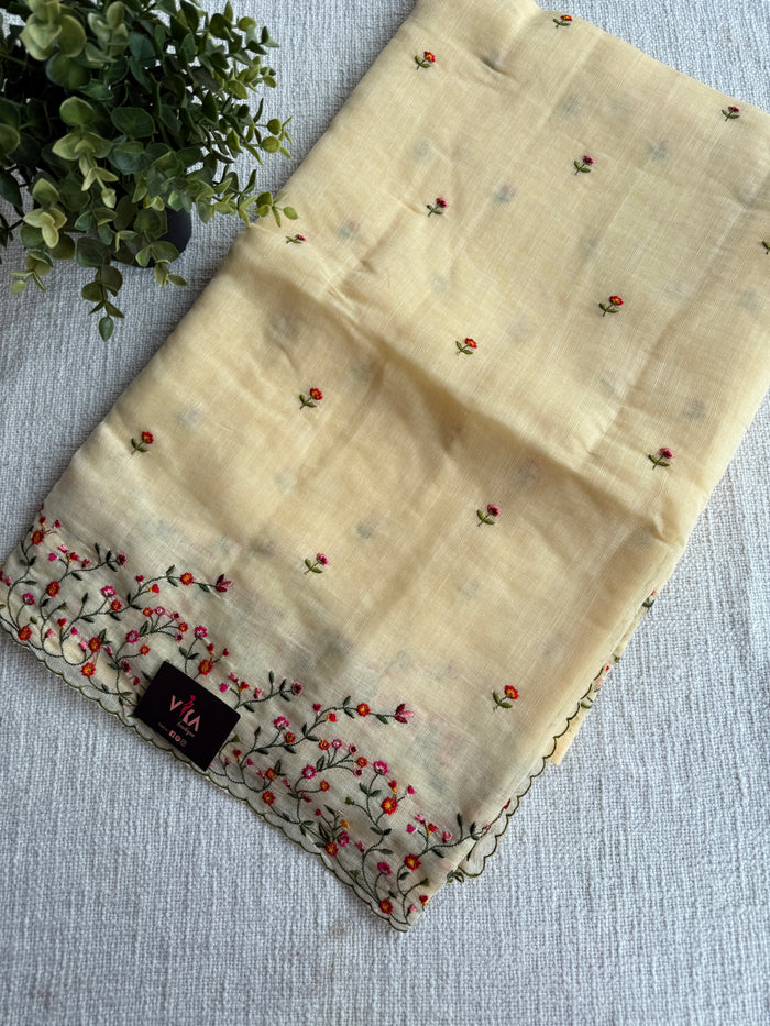 Bhoti machine emb linen cotton saree-Yellow