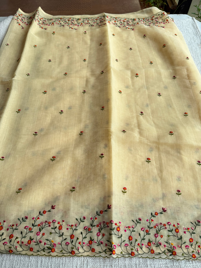 Bhoti machine emb linen cotton saree-Yellow