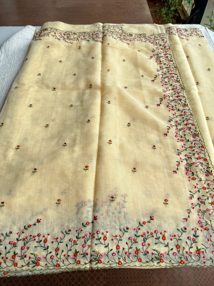 Bhoti machine emb linen cotton saree-Yellow