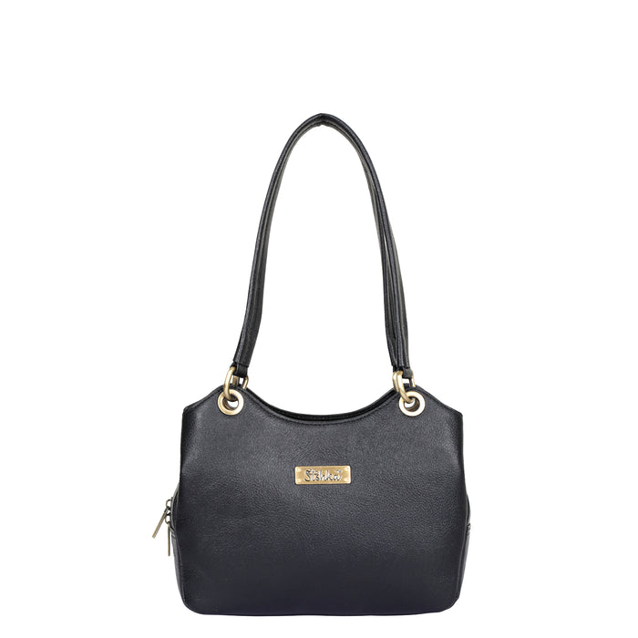 Women's black leather satchel shoulder bag for work, travel, and daily use