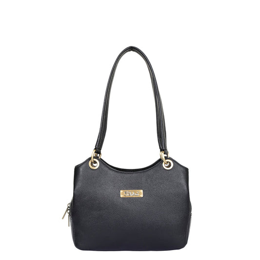 Women's black leather satchel shoulder bag for work, travel, and daily use