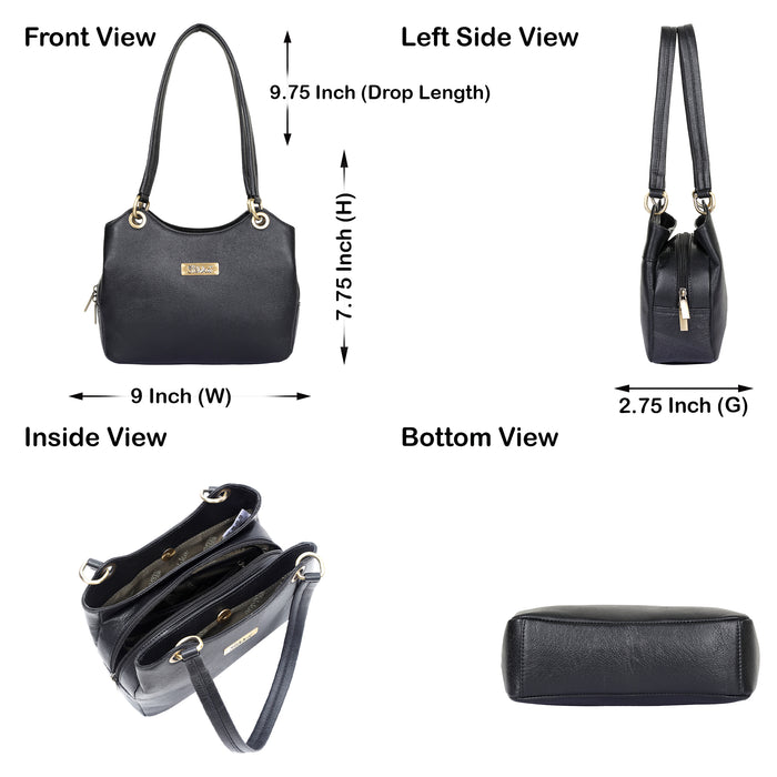 Women's black leather satchel shoulder bag for work, travel, and daily use-infographic image