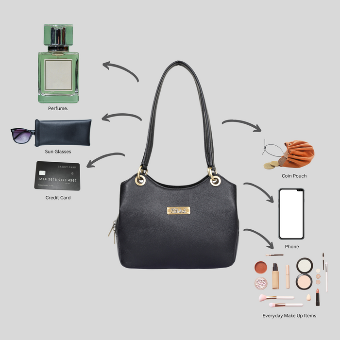 Women's black leather satchel shoulder bag for work, travel, and daily use-feature view