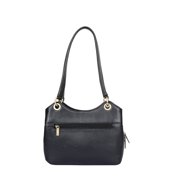 Women's black leather satchel shoulder bag for work, travel, and daily use-back view