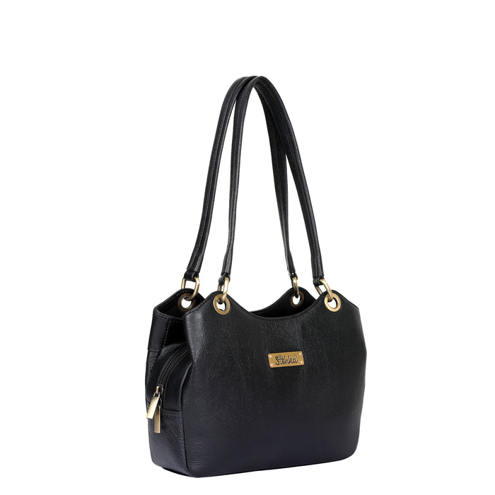 Women's black leather satchel shoulder bag for work, travel, and daily use-half side view