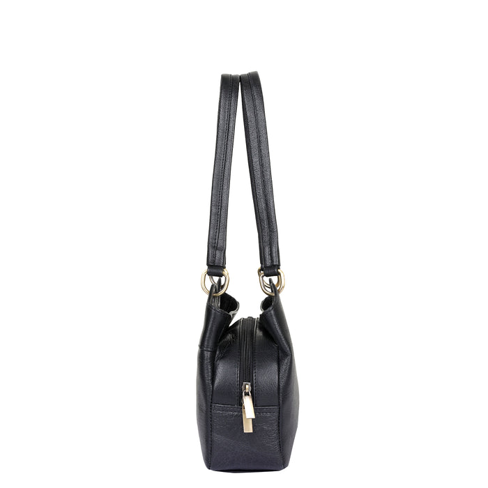 Women's black leather satchel shoulder bag for work, travel, and daily use-side view