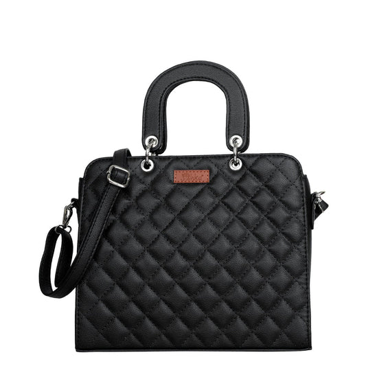 Women’s black quilted vegan leather top handle satchel shoulder crossbody bag