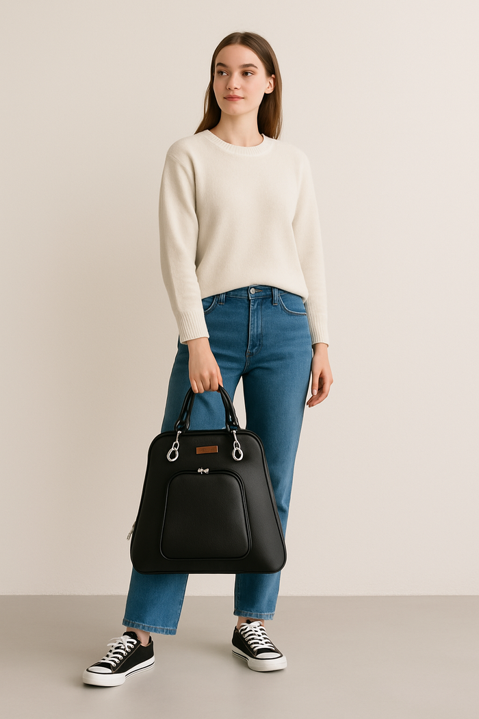 Women’s black vegan leather backpack purse for everyday, work and travel-model image