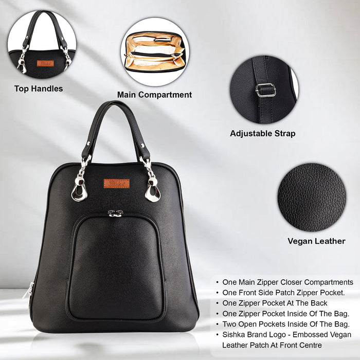Women’s black vegan leather backpack purse for everyday, work and travel-feature view