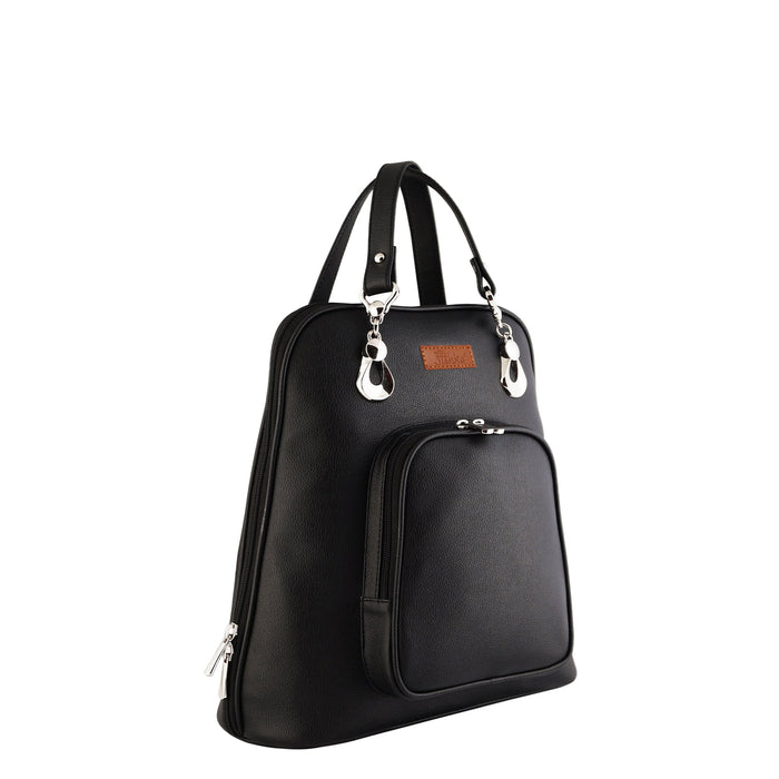 Women’s black vegan leather backpack purse for everyday, work and travel-half side view