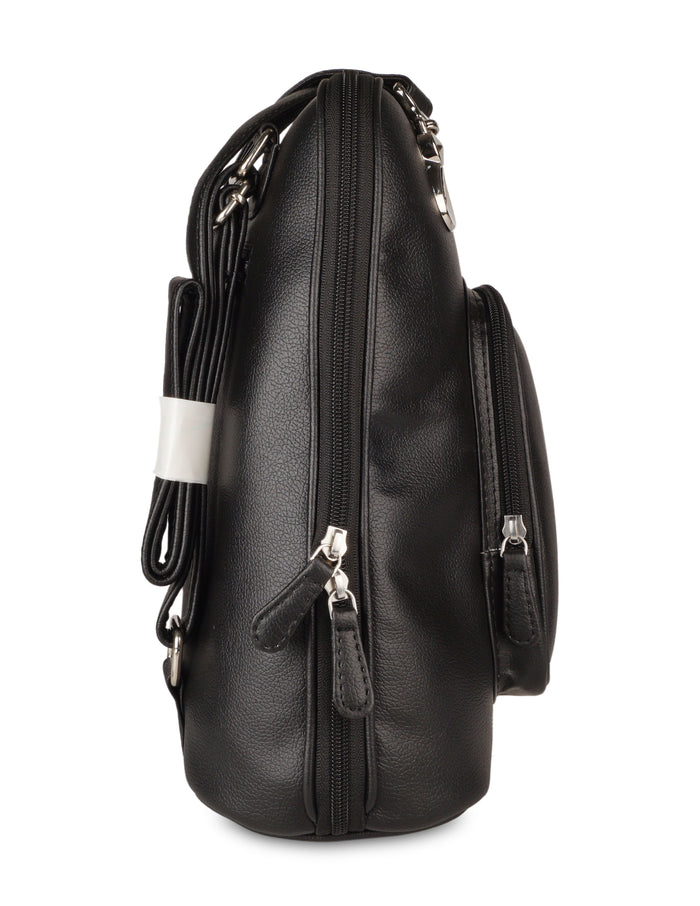 Women’s black vegan leather backpack purse for everyday, work and travel-side view