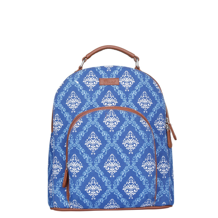 Blue printed canvas travel backpack with slim vertical silhouette for work and everyday use