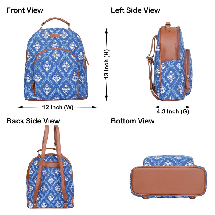 Blue printed canvas travel backpack with slim vertical silhouette for work and everyday use-infographic image