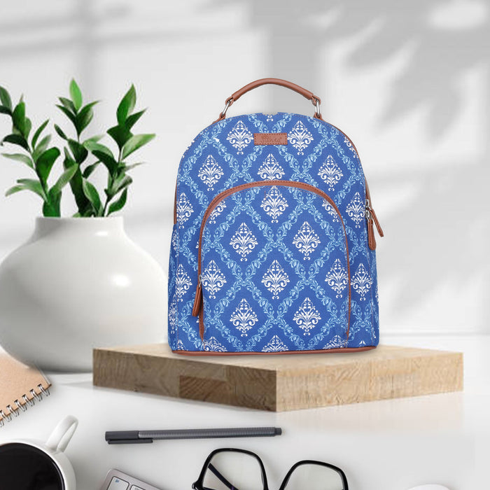 Blue printed canvas travel backpack with slim vertical silhouette for work and everyday use-feature image