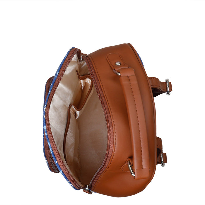 Blue printed canvas travel backpack with slim vertical silhouette for work and everyday use-inner view
