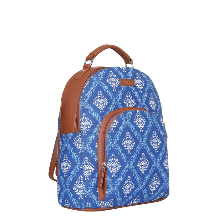 Blue printed canvas travel backpack with slim vertical silhouette for work and everyday use-half side view