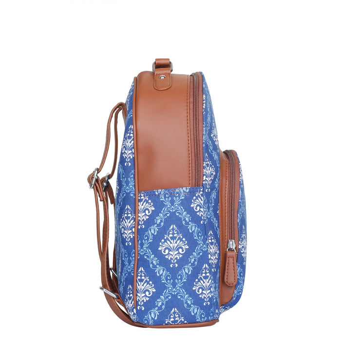 Blue printed canvas travel backpack with slim vertical silhouette for work and everyday use-side view