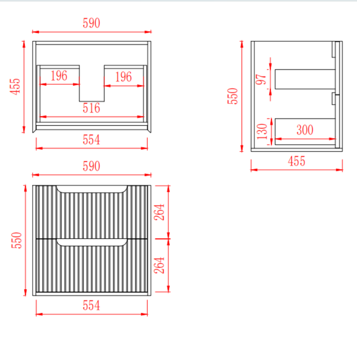Brooklyn Fluted Wall Hung Vanity 590*455*550mm