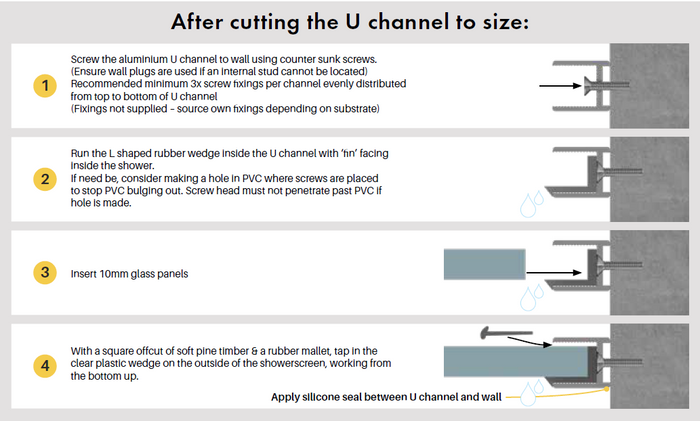 Brushed Nickel, Shower Screen Wall Channel for 10mm glass. - Image 2