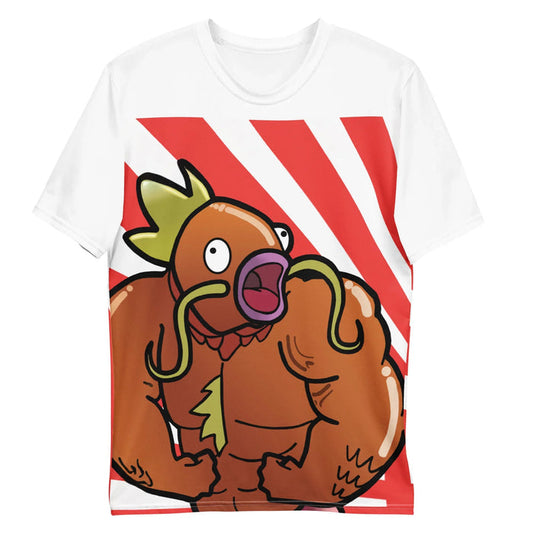 A surreal anthropomorphic hybrid features a stunned, gaping-mouthed orange carp head atop an absurdly hyper-muscular bodybuilder physique. Contact us with accessibility feedback, we'd love to help!