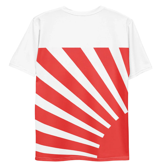 Buff Sunrise T-Shirt - The juxtaposition of the bewildered orange carp head with the three-pointed chartreuse crown (#C4C04A) atop a hyper-defined bronzed bodybuilder physique (#C05930), set against radiant crimson (#DE2929) sunrise stripes.