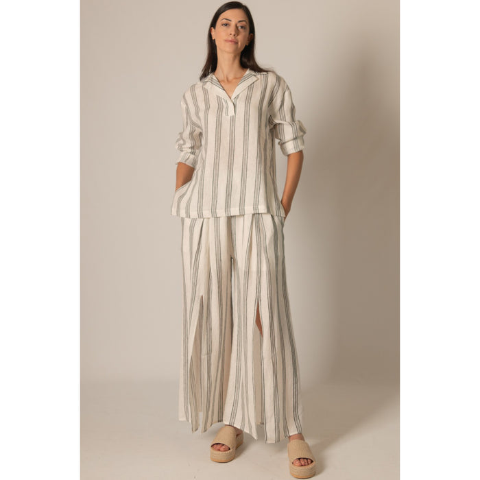 BYC - Striped, Linen, Collared Top 0141 - Ivory/Black