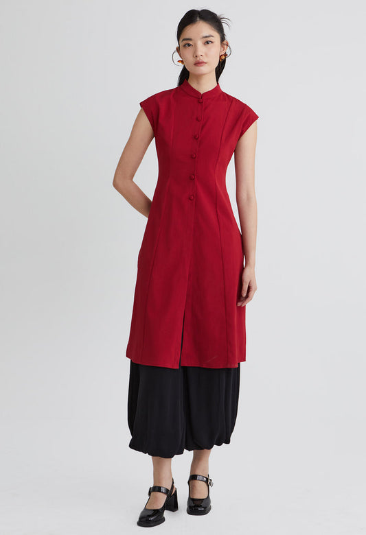 Cap Sleeve Mandarin Collar Midi Dress