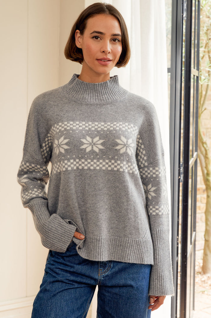Cashmere Blend Fairisle Funnel Neck Jumper | Grey/Cream - Aspiga
