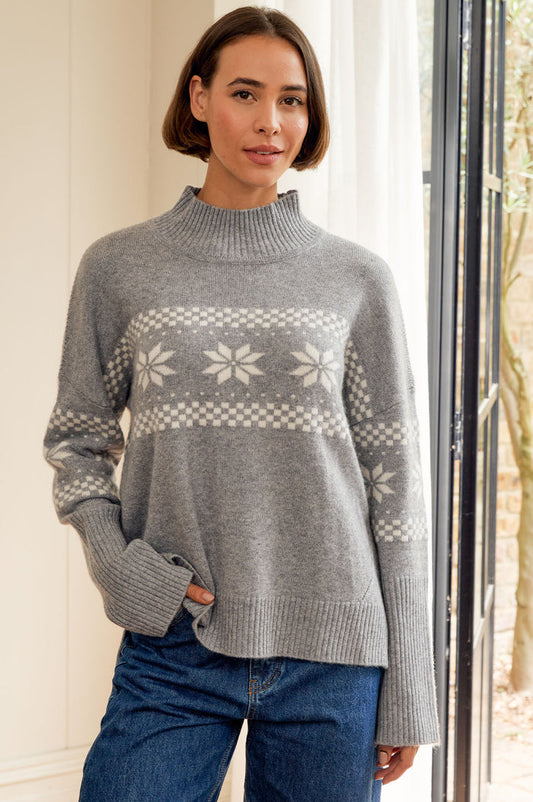 Cashmere Blend Fairisle Funnel Neck Jumper | Grey/Cream - Aspiga
