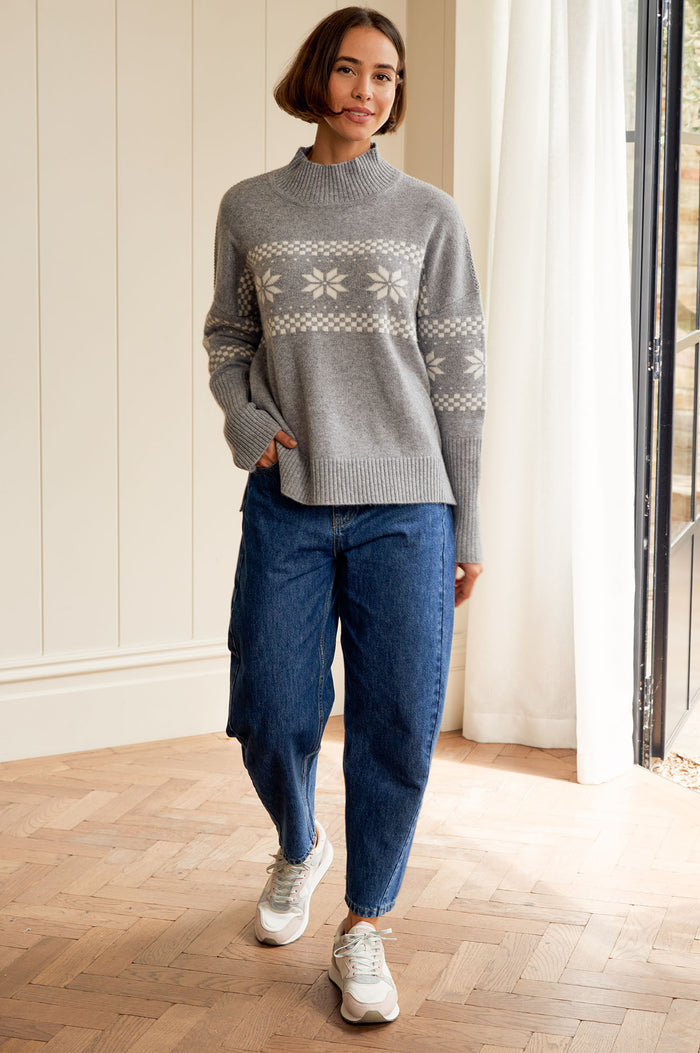 Cashmere Blend Fairisle Funnel Neck Jumper | Grey/Cream - Aspiga