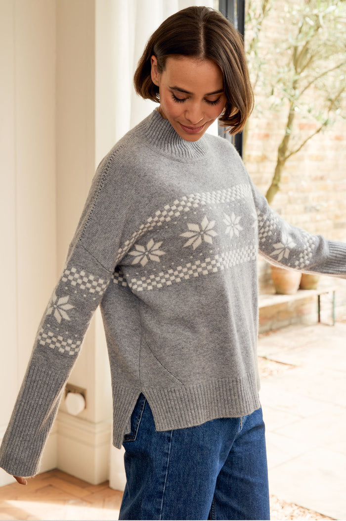 Cashmere Blend Fairisle Funnel Neck Jumper | Grey/Cream - Aspiga