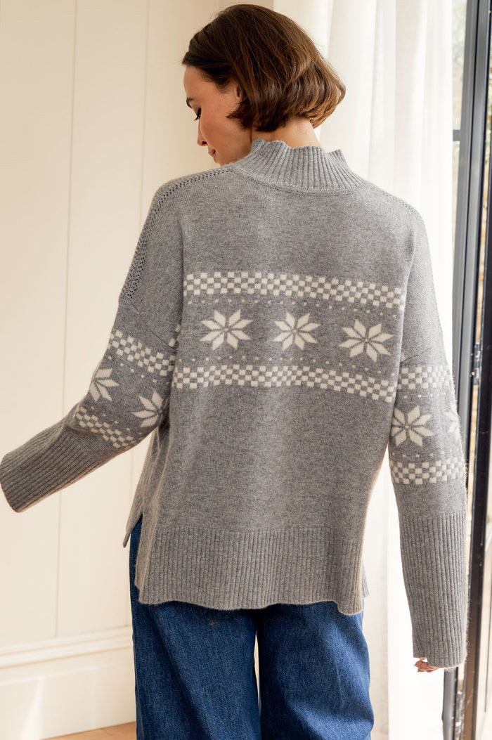 Cashmere Blend Fairisle Funnel Neck Jumper | Grey/Cream - Aspiga