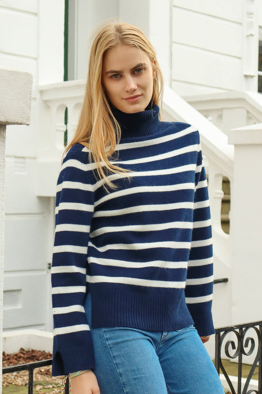 Cashmere Blend Striped Roll Neck Jumper | Navy/Ivory - Aspiga