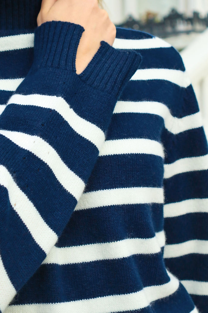 Cashmere Blend Striped Roll Neck Jumper | Navy/Ivory - Aspiga