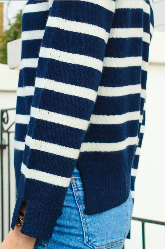 Cashmere Blend Striped Roll Neck Jumper | Navy/Ivory - Aspiga