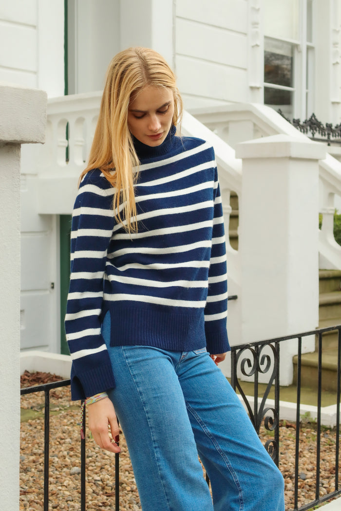 Cashmere Blend Striped Roll Neck Jumper | Navy/Ivory - Aspiga
