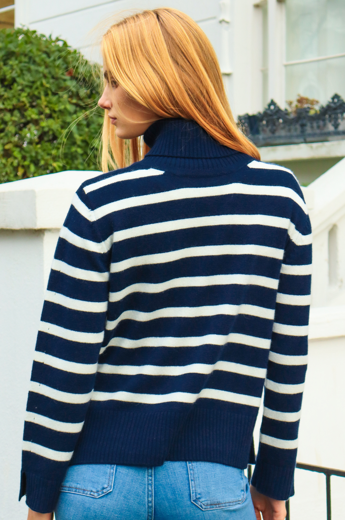 Cashmere Blend Striped Roll Neck Jumper | Navy/Ivory - Aspiga