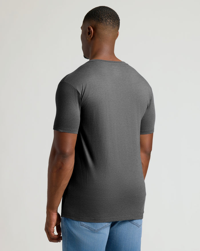 Charcoal Heather Gray Tall Short Sleeve Classic V-Neck on young man from behind.