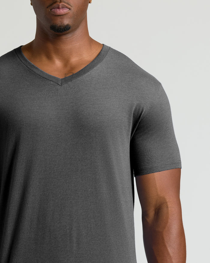Charcoal Heather Gray Tall Short Sleeve Classic V-Neck on model.