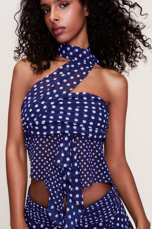 Chiffon Wrap Around Top in Navy Polka Dot
