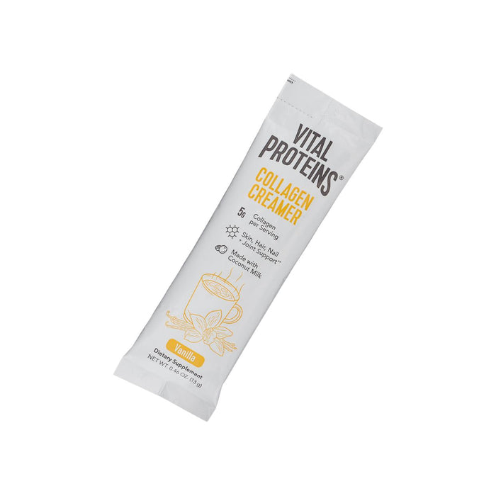 Single serving packet of Collagen Creamer - Vanilla | Vital Proteins, a dietary supplement made with coconut milk for skin, hair, and nail support.