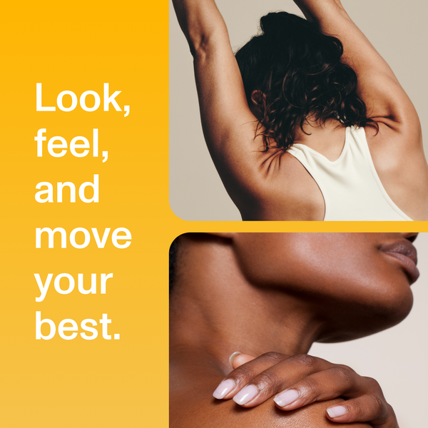 Split image with a woman stretching her arms above her head and a close-up of a person's smooth shoulder and neck, paired with a yellow text block that reads "Look, feel, and move your best," promoting Collagen Creamer - Vanilla | Vital Proteins for wellness and skincare.