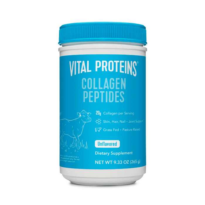 Container of Collagen Peptides - Unflavored | Vital Proteins dietary supplement with blue label, supporting skin, hair, nail, and joint wellness from grass-fed, pasture-raised sources.