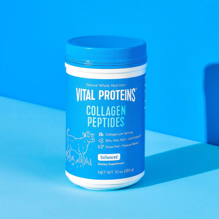 Blue container of Collagen Peptides - Unflavored | Vital Proteins dietary supplement with white lid, designed for skin, hair, nail, and joint support, on blue background