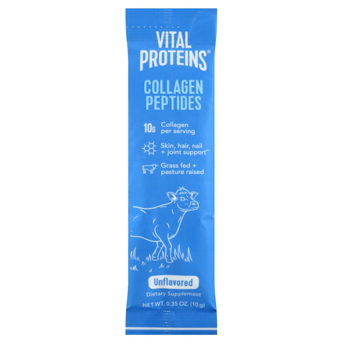 Single blue sachet of Collagen Peptides - Unflavored | Vital Proteins dietary supplement with white text highlighting 10g collagen per serving and benefits for skin, hair, nails, and joints.