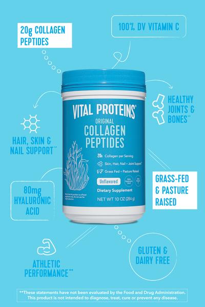Container of Collagen Peptides - Unflavored | Vital Proteins dietary supplement surrounded by icons and text highlighting benefits like 20g collagen peptides, vitamin C, hair, skin, nail support, healthy joints, grass-fed pasture-raised source, hyaluronic acid, gluten and dairy free, and athletic performance.