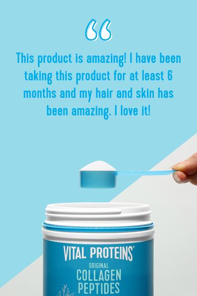 Hand holding a blue scoop of white powder above an open container of Collagen Peptides - Unflavored | Vital Proteins with a customer testimonial about improved hair and skin on a light blue background.
