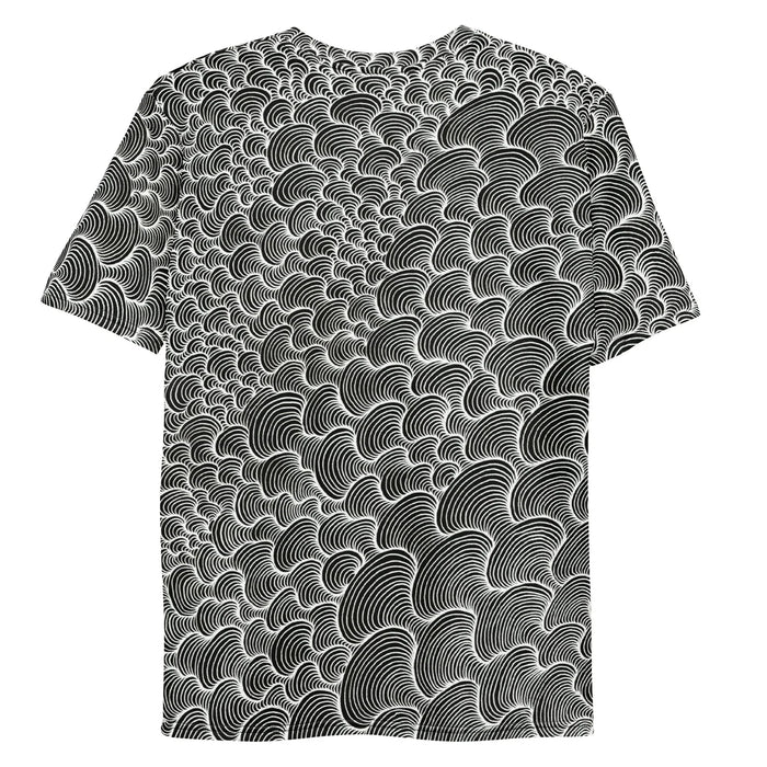 Color Wash T-Shirt - The Moiré-inducing density of the void black (#000000) concentric swirls against the stark white (#FFFFFF) background, creating a phantom motion effect that mimics fluid dynamics.